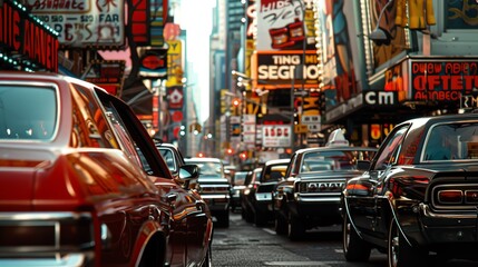 Naklejka na meble 1970s cityscape with boxy cars, old-school advertisements on billboards, and bustling crowds in bell-bottom jeans, soft grain filter