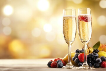 Two champagne flutes filled with sparkling wine and fruit on a table