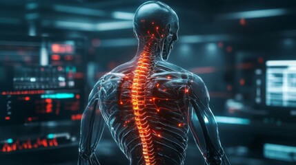 Poster - The artwork showcases a translucent human figure with a luminescent spine positioned in an advanced medical facility. The atmosphere is illuminated with digital interfaces and soft lighting.