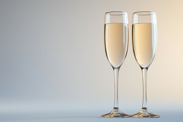 Two champagne glasses are on a table, one of which is half full