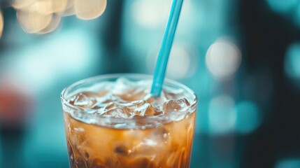 A refreshing drink with ice and a blue straw in a softly blurred background.