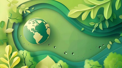 Wall Mural - A vibrant green illustration featuring the Earth, surrounded by leaves and water droplets, symbolizing environmental awareness.