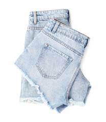 Poster - Stylish light blue denim shorts isolated on white, top view