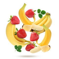 Canvas Print - Fresh bananas and strawberries falling on white background