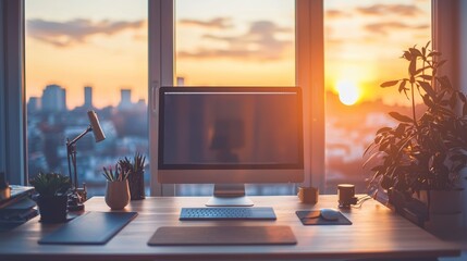Poster - Stylish Ergonomic Desk with Sunset View