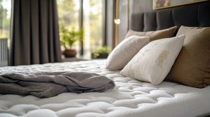 Wall Mural - A cozy bedroom scene featuring a neatly made bed with decorative pillows, a soft blanket, and natural light filtering through large windows.