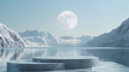 Poster - 3d render podium with moon, winter background, sky blue color, minimalist stage design style