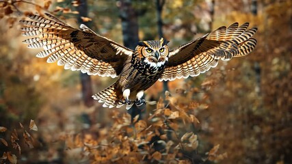 Poster - A brown owl is flying through the autumn woods