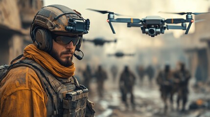 Aufkleber - A soldier equipped with tactical gear monitors drone activity in a devastated urban landscape, surrounded by fellow troops during a military operation at dusk.
