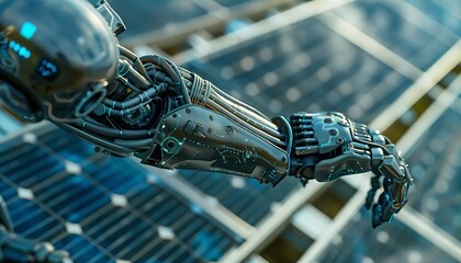 Poster - Robotic arm equipped with specialized tools examining solar panels for efficiency