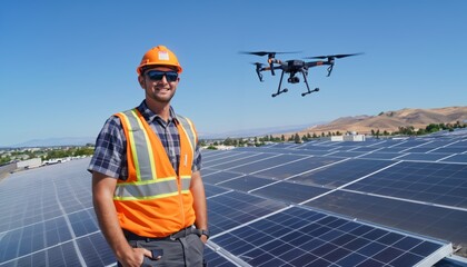 Poster - Technician operating a multirotor drone over solar panels for comprehensive inspections