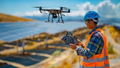 Poster - Technician operates remote-controlled uas for inspection of solar panels