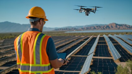 Poster - Technician operating remote-controlled uas for solar panel inspection