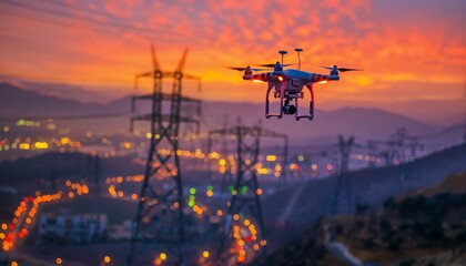Poster - Remote-controlled quadcopter drone inspecting power lines at sunset