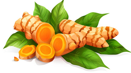 Fresh Turmeric Roots with Green Leaves on a White Background for Natural Remedy Illustration