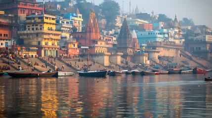 Riverfront Scene of Varanasi with Boats and Temples at Dawn 