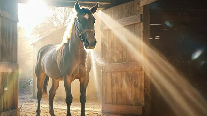 Poster - A horse is standing in a barn with sunlight shining on it