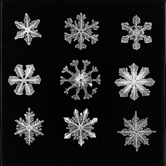 Intricate snowflake designs on black background showcasing unique patterns and textures