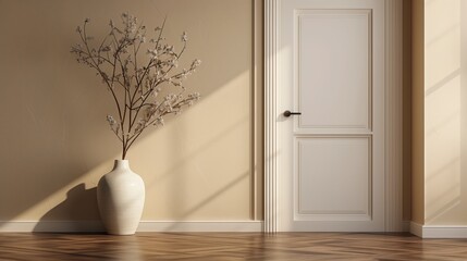 Poster - A 3D rendering of a room interior features a beige wall with a door and a vase with a branch, creating a simple yet elegant background