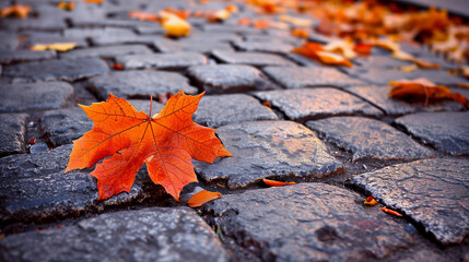 Fallen autumn maple leaf on cobblestone path in soft evening light, the natural cycle of life and the quiet solitude.