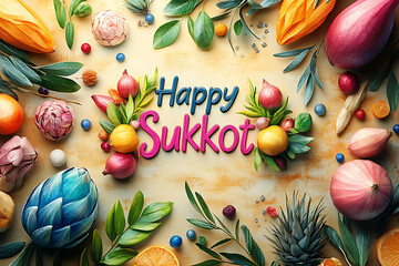 Happy Sukkot greeting card featuring traditional symbols like etrog, lulav, and sukkah decorations, ideal for holiday celebration themes.
