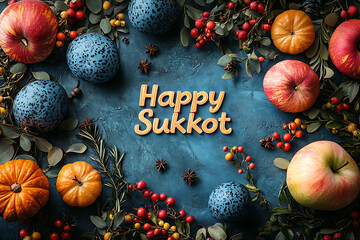 Happy Sukkot greeting card featuring traditional symbols like etrog, lulav, and sukkah decorations, ideal for holiday celebration themes.
