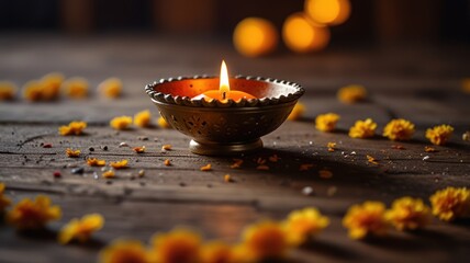 Wall Mural - A lit candle in a brass diya surrounded by marigold flower petals on a wooden table.