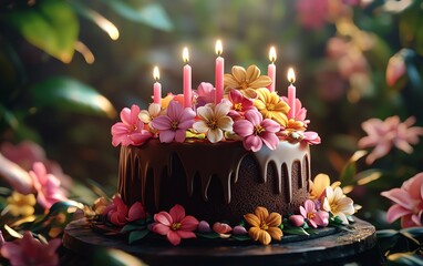 Birthday or Christmas cake decorated with colorful sweet flower candles