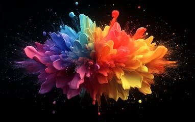 Poster - Eyecatching abstract 3D rendering with a rainbow ink splatter background, fantasy flower watercolor illustration, paint brush stroke explosion, modern contemporary vector banner
