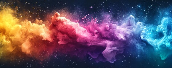 Poster - Rainbow color ink splatter in an abstract 3D rendering, featuring fantasy flower watercolor texture, and paint brush stroke explosion, contemporary vector art wallpaper