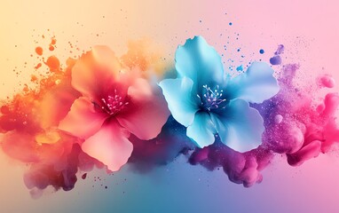 Poster - Abstract 3D art featuring a rainbow ink splatter background, watercolor illustration of fantasy flowers, and paint brush stroke explosion, modern vector wallpaper design
