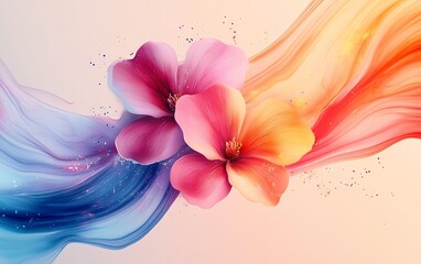 Poster - Abstract 3D art featuring a rainbow ink splatter background, watercolor illustration of fantasy flowers, and paint brush stroke explosion, modern vector wallpaper design