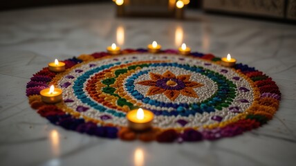 Wall Mural - A colorful rangoli design with lit candles on a marble floor.