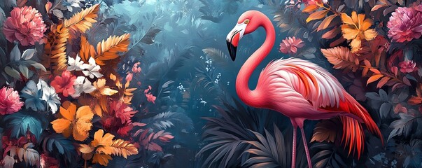 Aufkleber - Flamingo surrounded by a vibrant floral landscape