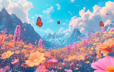 Poster - Lively abstract fantasy landscape featuring flowers and butterflies under a blue sky