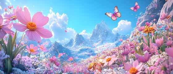 Aufkleber - Abstract fantasy landscape featuring vibrant flowers and butterflies against a blue sky background