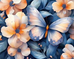 Aufkleber - Charming abstract floral art deco background showcasing a seamless butterfly and flower collage