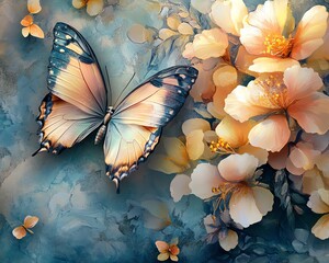 Aufkleber - Charming abstract floral art deco background showcasing a seamless butterfly and flower collage