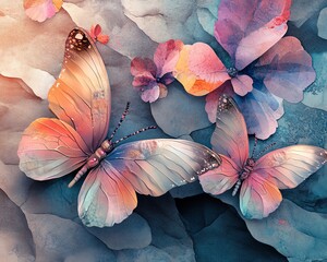 Aufkleber - Charming abstract floral art deco background showcasing a seamless butterfly and flower collage