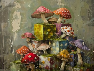 Poster - Surreal Mushroom Still Life with Patterned Boxes