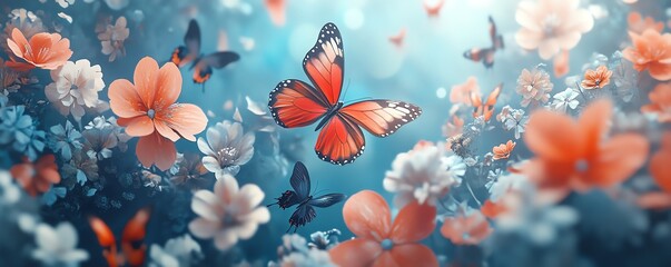Poster - Dynamic abstract floral art deco background with a seamless collage of flowers and butterflies