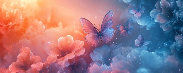 Poster - Dynamic abstract floral art deco background with a seamless collage of flowers and butterflies