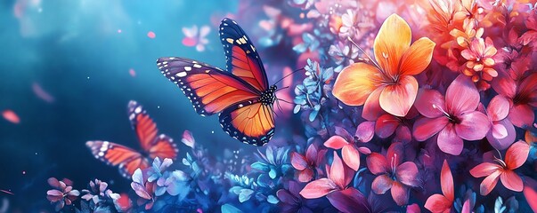 Poster - Dynamic abstract floral art deco background with a seamless collage of flowers and butterflies
