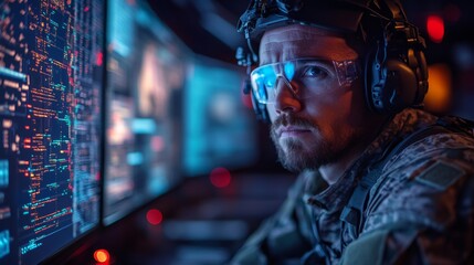 Fototapete - A focused military operative studies complex data on multiple screens, surrounded by glowing technology in a dimly lit control room at night.