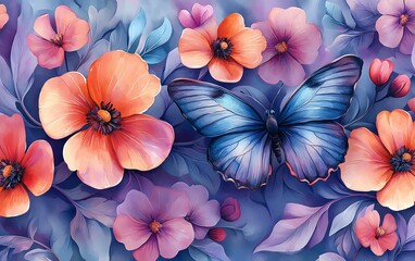 Aufkleber - Seamless abstract floral art deco background with painted flowers and butterflies