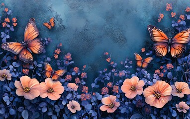 Aufkleber - Seamless abstract floral art deco background with painted flowers and butterflies