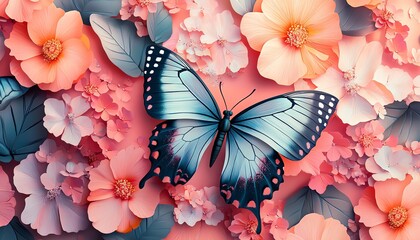 Poster - Vibrant abstract floral art deco background showcasing a seamless butterfly and flower collage