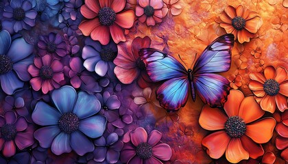 Poster - Vibrant abstract floral art deco background showcasing a seamless butterfly and flower collage
