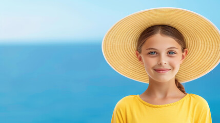 Poster - A stunning young girl poses against the vibrant blue sea, showcasing her beauty and the serenity of nature around her.