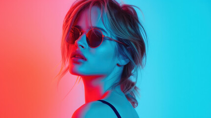 Poster - A trendy young girl sports chic sunglasses, glowing in vibrant red and blue neon lights, showcasing a cyber vibe.